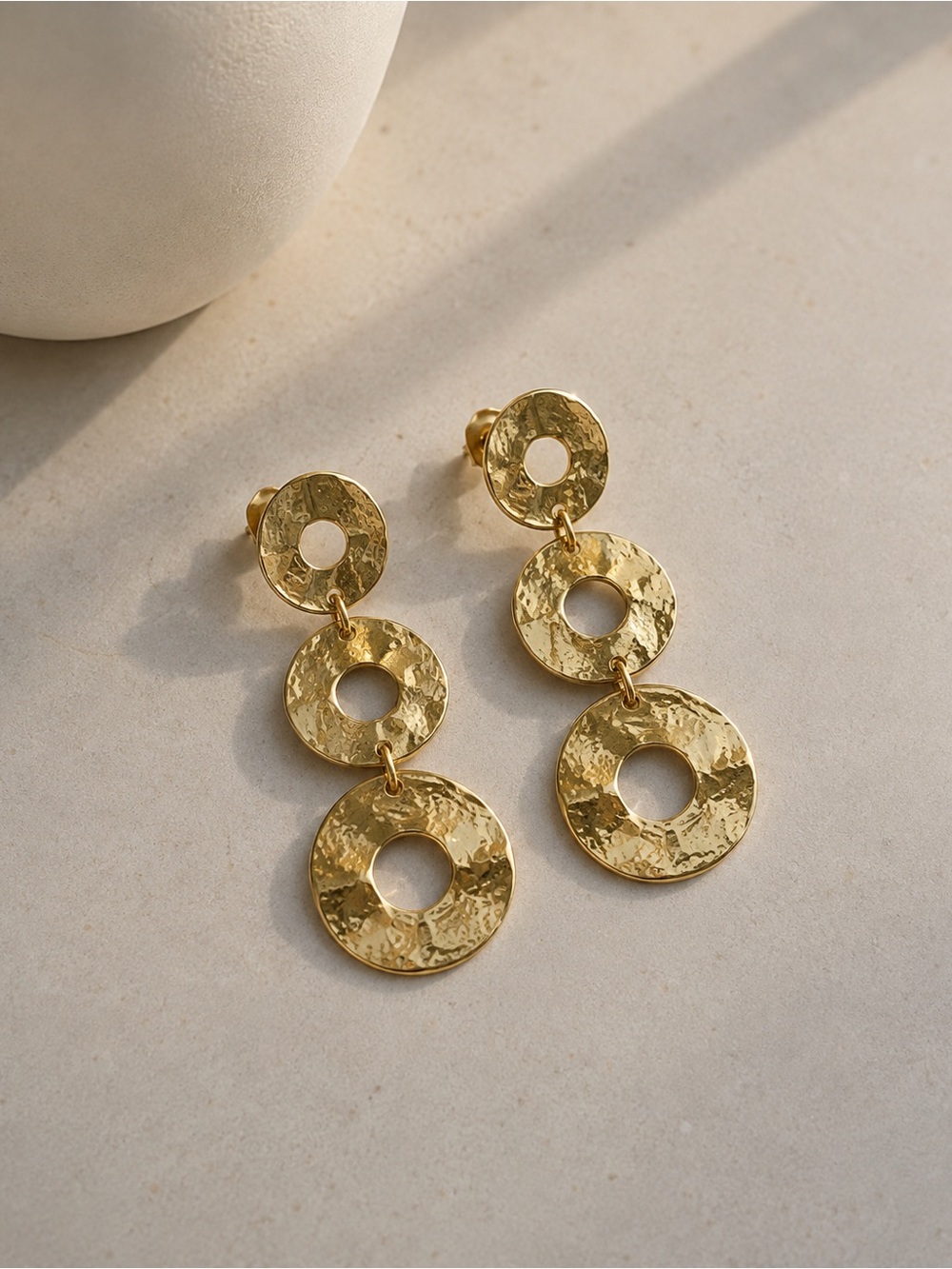 New Gold-Tone Hammered Triple Disc Drop Earrings
